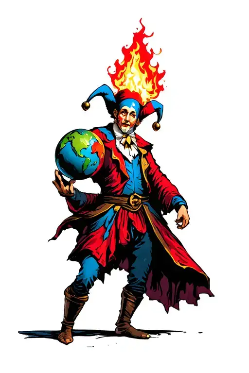 medieval court jester holding a burning earth globe in a dark alley.  he is offering the globe to us as a gift tattoo design idea