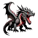 A long sleeve and screaming, angry black-red dragon with long, sharp spines on its back and sharp scales on its body, tattoo design idea