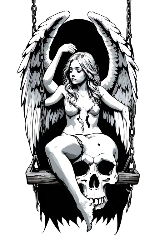 broken angel sitting on a swing suspended from a skull tattoo design idea