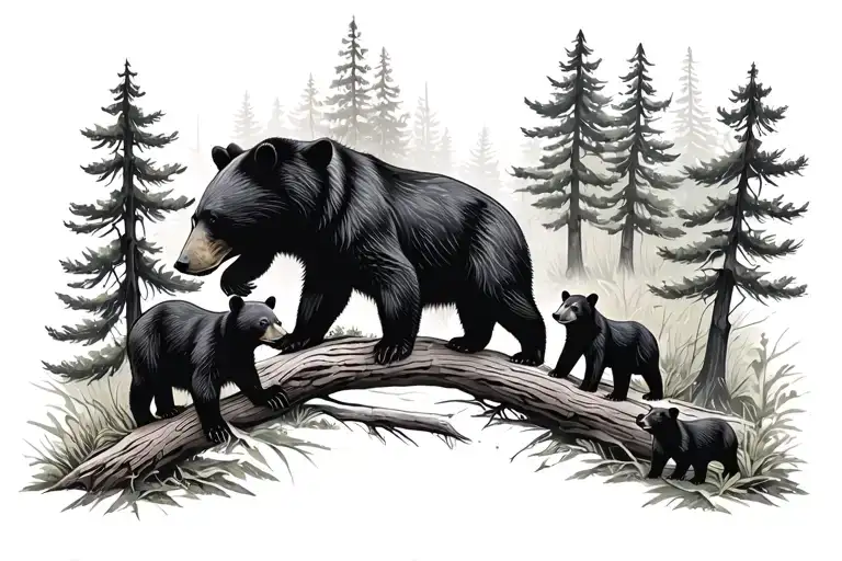 2 parent black bears with 3 cubs in the forest tattoo design idea