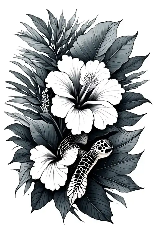 Hawaiian Hibiscus and turtle swimming tattoo design idea
