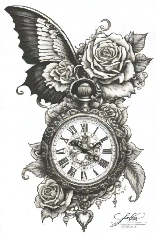 heart shaped pocketwatch surrounded in gemstones, roses in the background, I with a sleeping baby angel tattoo design idea
