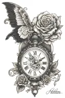 heart shaped pocketwatch surrounded in gemstones, roses in the background, I with a sleeping baby angel tattoo design idea