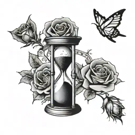 an hourglass in space with 2 sparkling stars and a rose that wraps around the hourglass.  tattoo design idea
