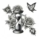 an hourglass in space with 2 sparkling stars and a rose that wraps around the hourglass.  tattoo design idea