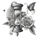 an hourglass in space with 2 sparkling stars and a rose that wraps around the hourglass.  tattoo design idea