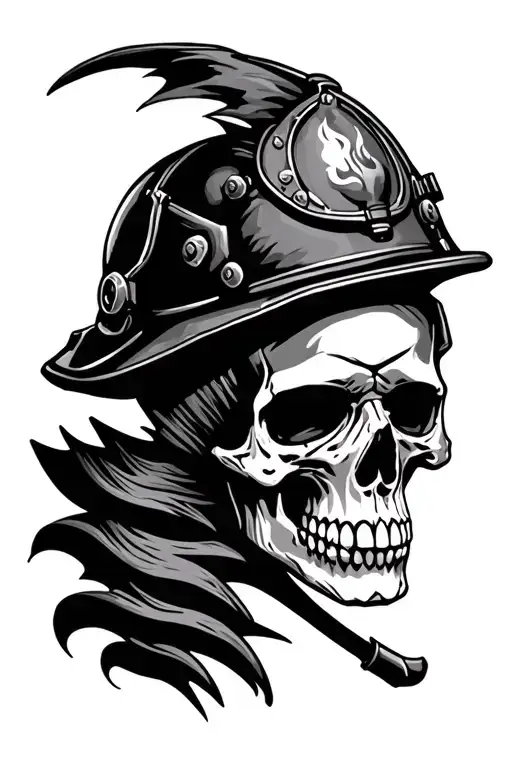 skull wearing a leather fire helmet tattoo design idea