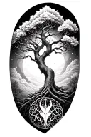 Black White Tattoo Fine Line forearm on the hand on the hand a tree of life good and bad little like Jing and Jang tattoo design idea