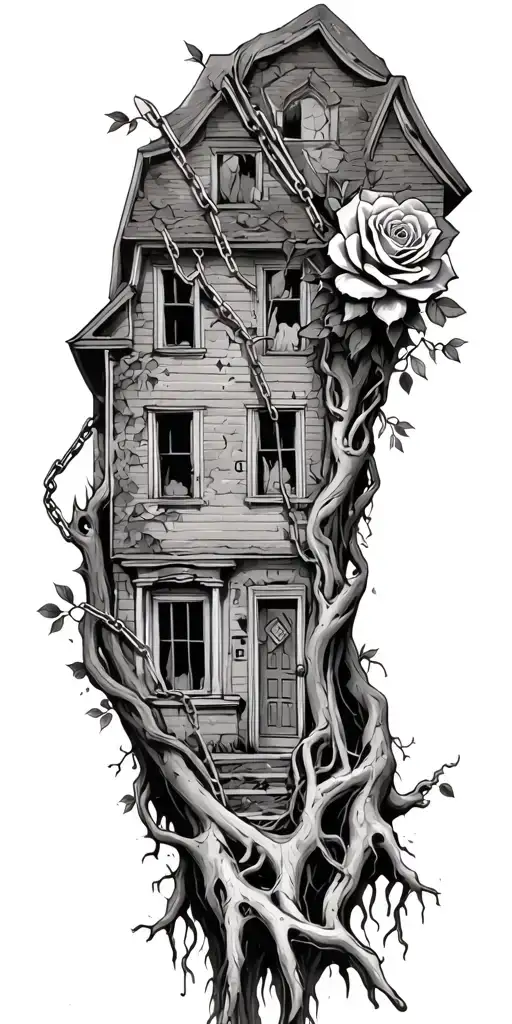 abandoned broken home, tree roots from the chains, roses tattoo design idea