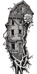 abandoned broken home, tree roots from the chains, roses tattoo design idea
