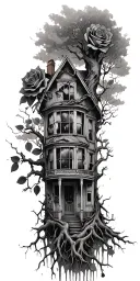 abandoned broken home, tree roots from the chains, roses tattoo design idea