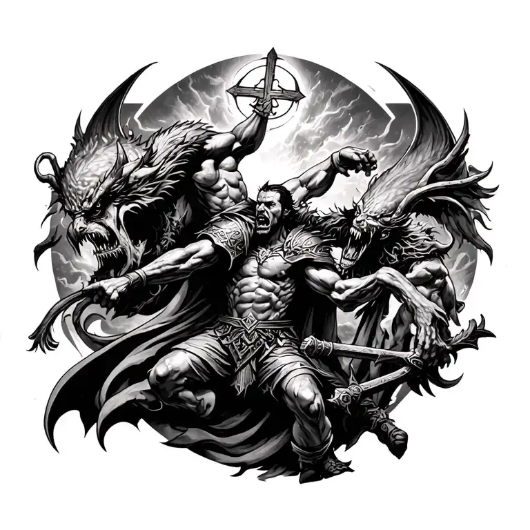 Christian warrior vs demons fighting tattoo design idea