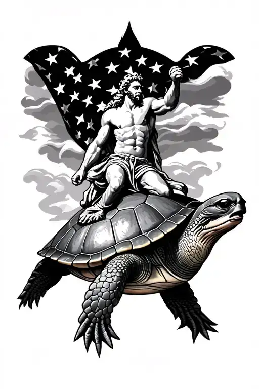 OLD SCHOOL TATTOO DEPICTING ZEUS RIDING ON A NAVY SHELLBACK TURTLE WITH A STAR SPANGLED BACKGROUND tattoo design idea