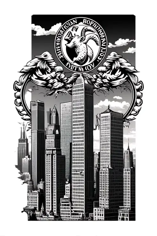 NYC Skyline buildings with dominican tribute along with capricorn insignia  tattoo design idea