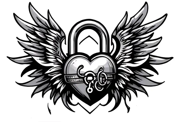 Black tribal tattoo with a lock, in the form of a heart with elongated wings and a chastity belt tattoo design idea