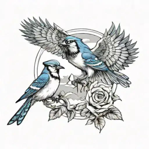 tribute to late father with bluejay taking flight and little girl holding his hand tattoo design idea