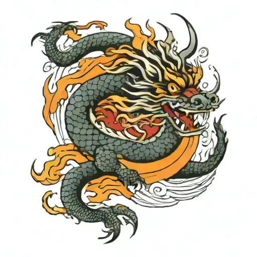 japanese dragon with flames left arm sleeve tattoo design idea