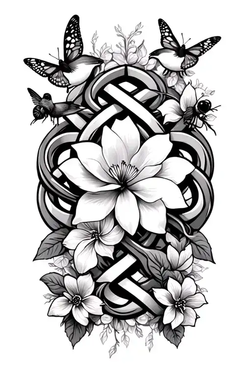 sisterhood celtic knot design incorporating magnolia and gardenias surrounded by birds,butterflies and bees tattoo design idea