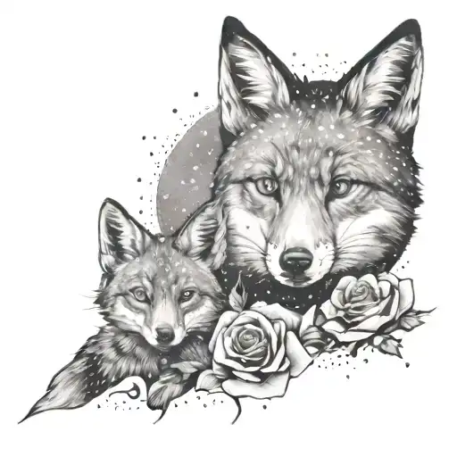 a boy, together with a fox and a rose, side by side looking at the galaxy tattoo design idea