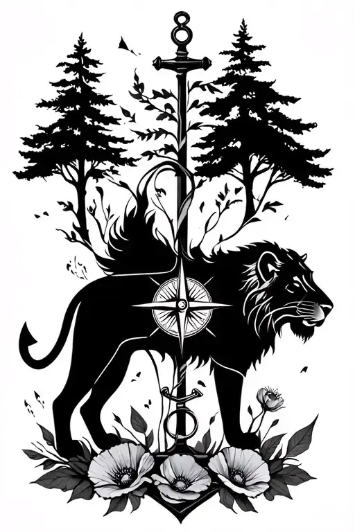 female lion, trees, compass, poppy flower, anchor tattoo design idea