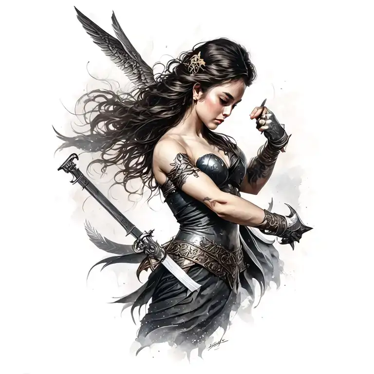 beautiful woman warrior battling tattoo design idea