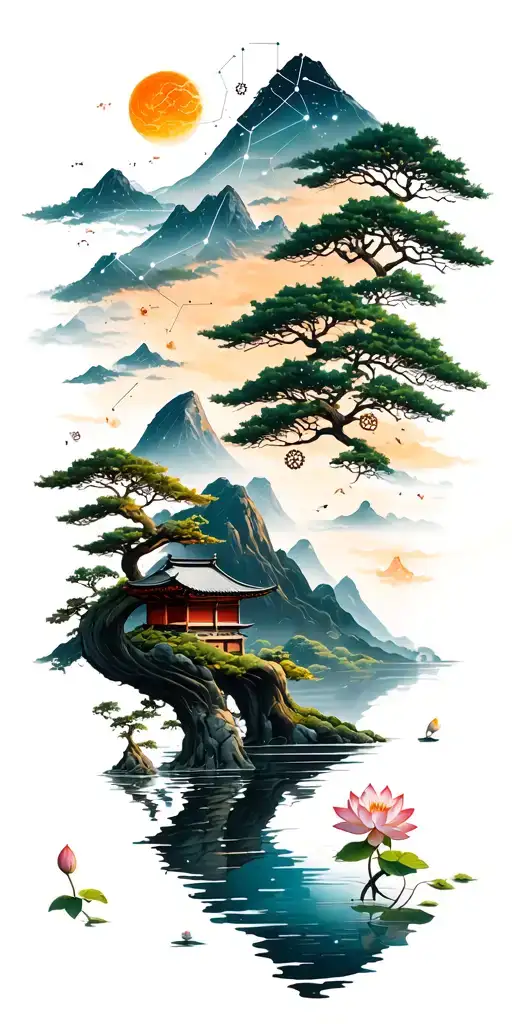 random constellation over Japanese landscape of mountain,trees,water,bamboo,scattered lotuses,and wood mechanical gears. tattoo design idea