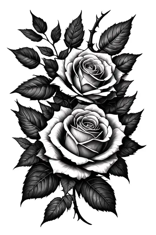 Leaves, roses with thorns tattoo design idea