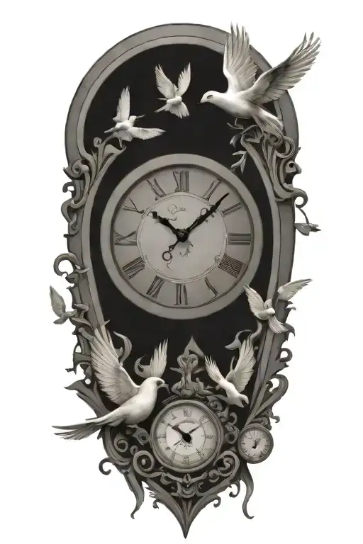 clock surrounded by doves flying tattoo design idea
