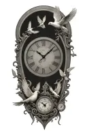 clock surrounded by doves flying tattoo design idea