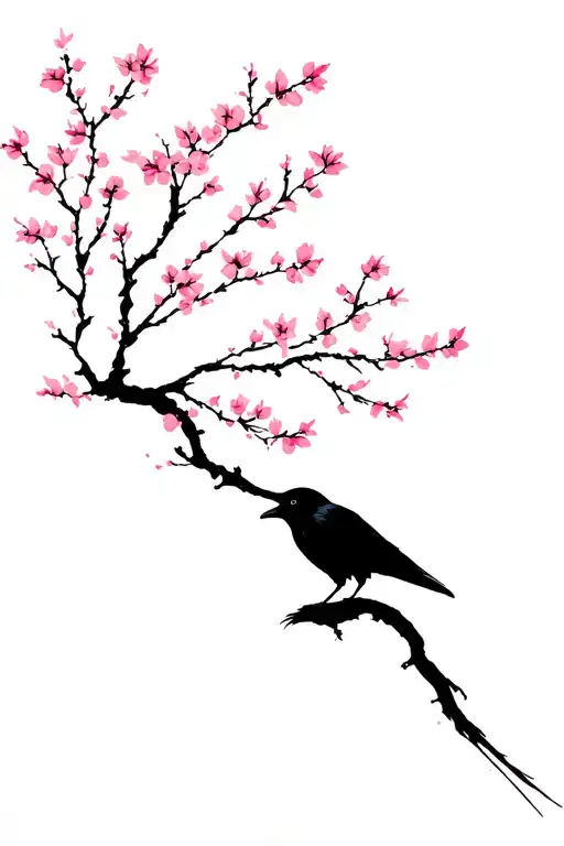 raven and cherry blossom tree tattoo design idea
