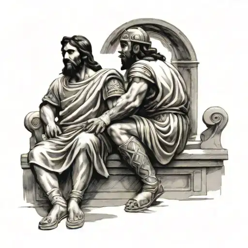 ancient Roman soilder sitting with Jesus tattoo design idea