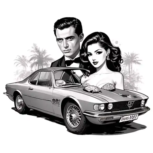 James Bond and car and girl tattoo design idea