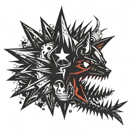 design me a punky tattoo with cybersigilism. i like spikes, animals, stars and memes. tattoo design idea