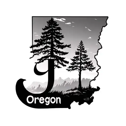 state of Oregon cursive j on left and tree on right tattoo design idea