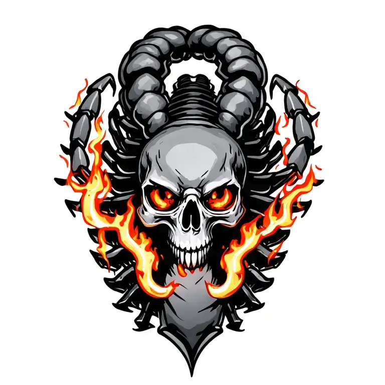 scorpion with skull as a head with flames coming from its eyes tattoo design idea