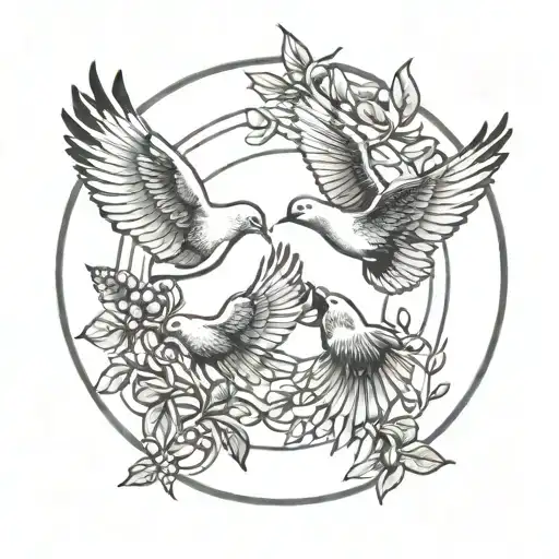 three doves flying around in circle with wings open and each carrying a olive leaf tattoo design idea