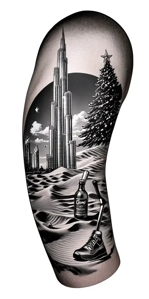 full sleeve featuring the rockerfeller xmas tree , a bottle of chang , sand dunes , the burj khalifa , a golf putter , tattoo design idea
