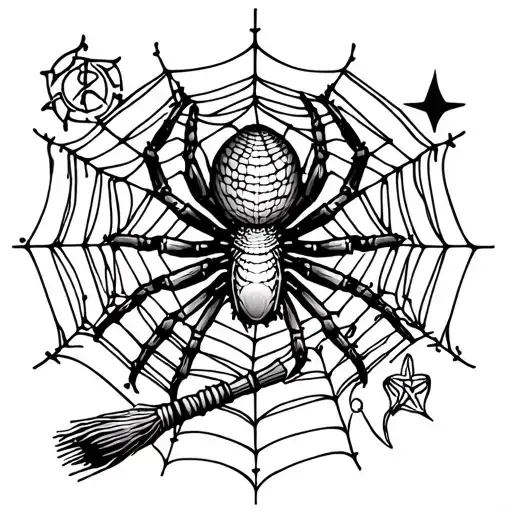 A spider weaving a web with intricate patterns, surrounded by mystical symbols and a witch's broomstick tattoo design idea
