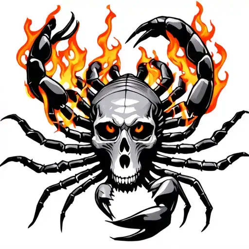 scorpion with skull as a head with flames coming from its eyes tattoo design idea
