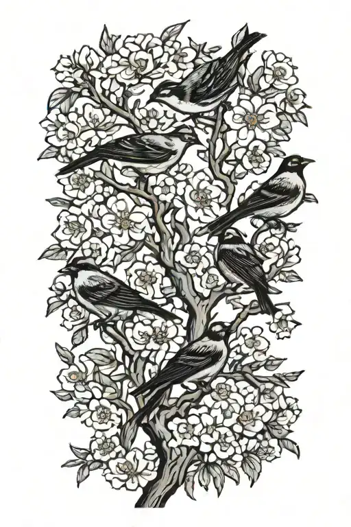 sideways skinny spooky scary cherry branch with minimal blossoms black and grey four solid black birds sitting on branch tattoo design idea