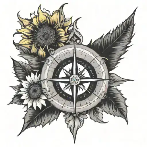compass with sunflower and pot leaf skull center symbolizing all those who wonder are not lost tattoo design idea