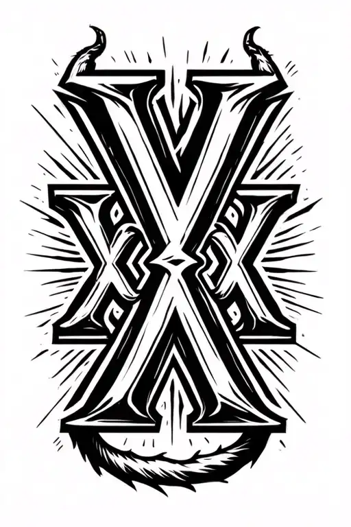 "XXX" "XXX" triple x, center X is bigger, center X has its ends extending horizonally in opposite directions, devil tail on one tattoo design idea