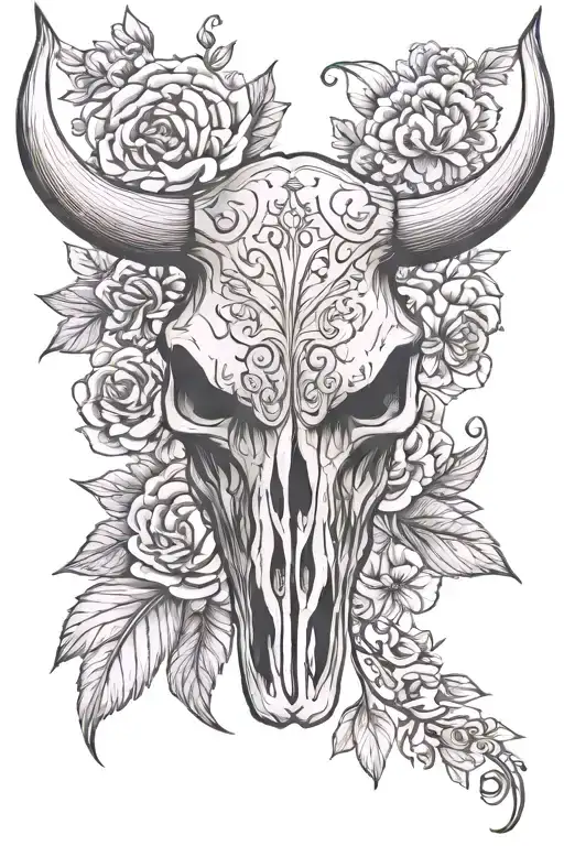 bull skull with floral background tattoo design idea
