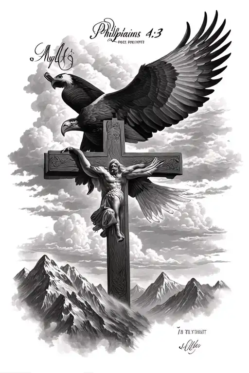I want a cross with clouds, mountains, and an eagle flying in the sky along with a Philippians 4:13 verse tattoo design idea