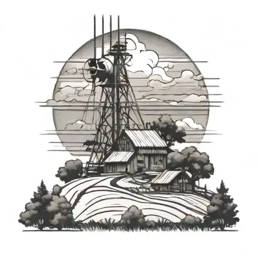 antenna on a farm landscape merging tattoo design idea