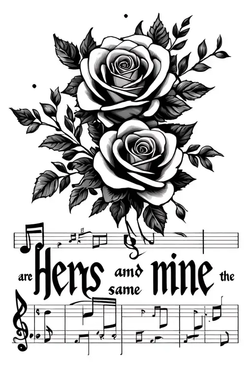 "Hers and mine are the same" music note intertwined with roses tattoo design idea
