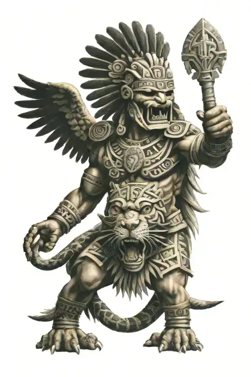 Aztec jaguar warrior with Quetzalcoatl man tattoo design idea