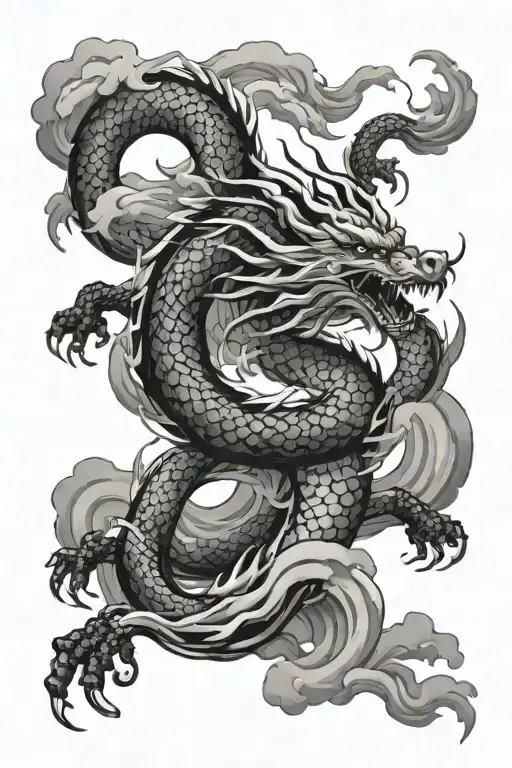 Detailed Japanese dragon rising out traditional Japanese waves and weaving between spiral clouds  tattoo design idea