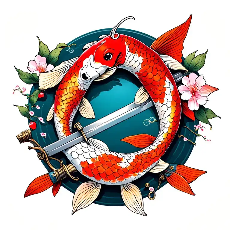 two koi fish with cherry blossoms wrapped around sword on spine  tattoo design idea