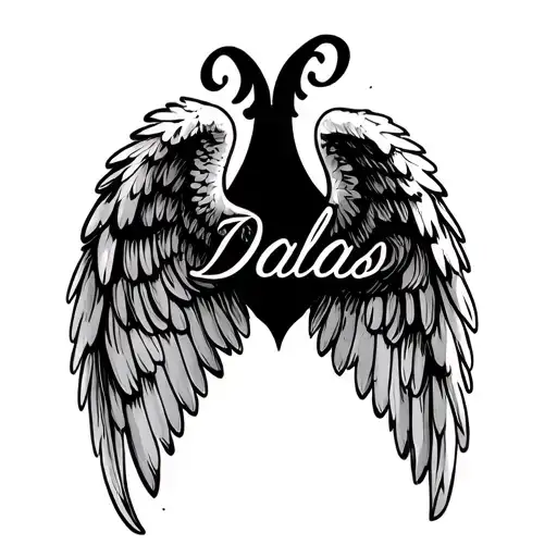 small angel wings with the name Dallas in cursive tattoo design idea